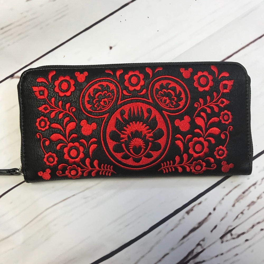 Embroidered faux leather wallet